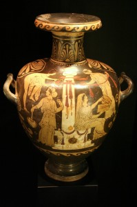 The image on the right half of this vase depicts Pandora opening her infamous jar.