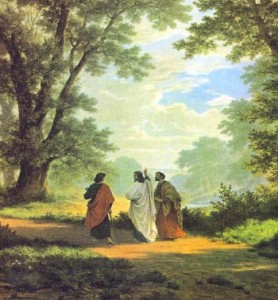 Classic picture by Robert Zund of Jesus talking to two disciples on the Road to Emmaus. What did Jesus explain to them as they walked?
