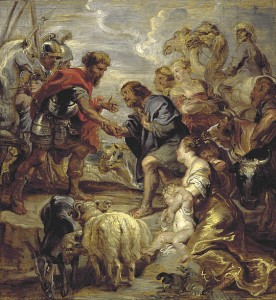 In this classic painting by Peter Paul Rubens (1624), Jacob is showing bowing before Esau when they were reunited after 20 years. The Bible never tells us that Esau served Jacob.