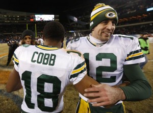 Aaron Rodgers and Randall Cobb celebrate after the victory.