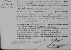 This is a copy of Jeanne Calment's birth certificate. The first few words spell out the year 1875.